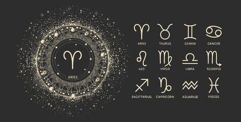 Zodiac wheel with the twelve signs of the zodiac in a celestial style. Mystical vector illustration of the zodiac, horoscope, and astrology on a cosmic background with constellations. Esoteric design © Salomi art