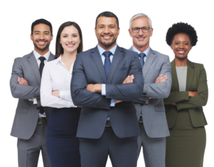 Group of multi-ethnic corporate office employees standing confidently in formal attire, isolated on a transparent background, PNG
