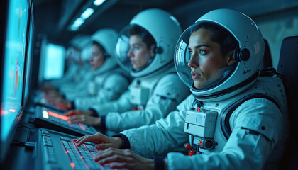 Team of astronauts in spacesuits work at computers. Cosmonauts control mission from space station. Focus on collaboration for interstellar exploration. Future tech innovation allows team to navigate