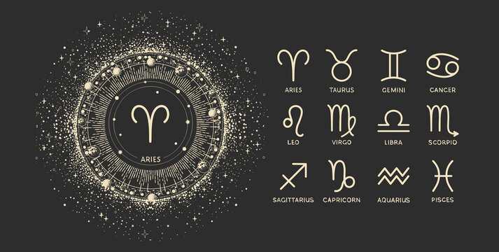 Zodiac wheel with the twelve signs of the zodiac in a celestial style. Mystical vector illustration of the zodiac, horoscope, and astrology on a cosmic background with constellations. Esoteric design