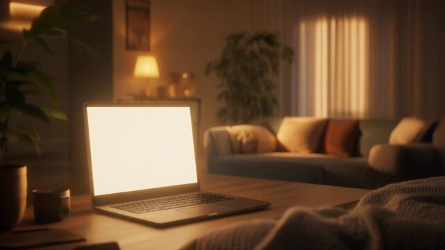 Laptop with Bright Screen on a Table in a Cozy Living Room at Dusk computer