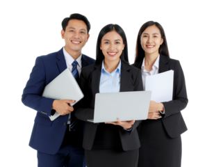 Smiling multicultural office team holding laptops and documents, isolated on a transparent background, PNG