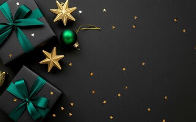 Luxury Christmas Gift Boxes with Gold Stars on Elegant Black Background