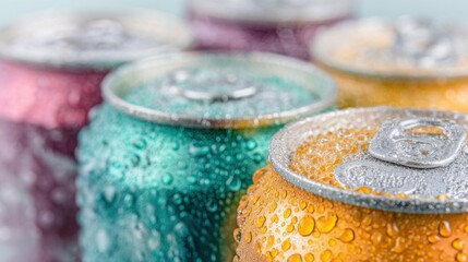 Colorful beverage cans with condensation in a refreshing display