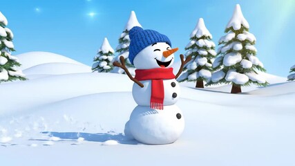 A charming 3D rendering design of a happy snowman enjoying a sunny winter day in a snowy landscape