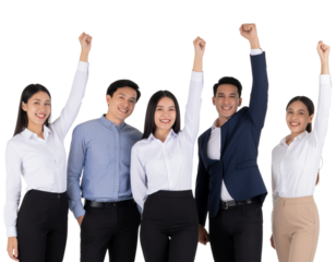 Professional multicultural business team celebrating success with raised hands, isolated on a transparent background, PNG