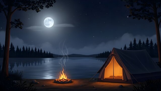 A camping scene at night with a tent and campfire under a full moon near a lake and forest edge
