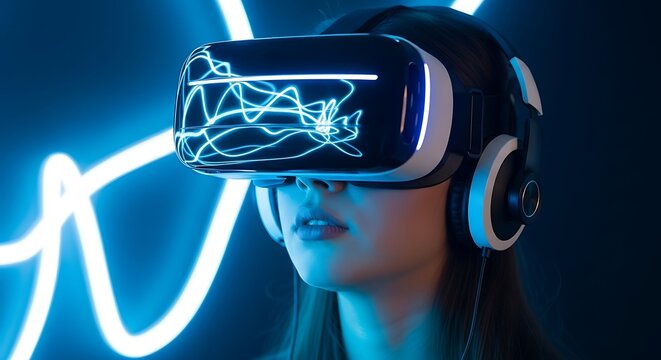 Closeup of a person wearing a virtual reality headset, immersed in a digital world