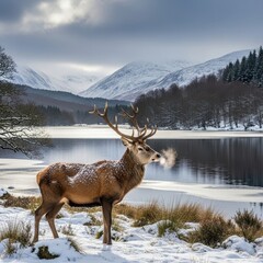 Majestic Stag Breathes in the Crisp Air of the Snowy Highlands Landscape Overlooking Lake
