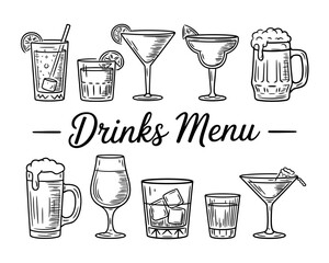 Hand drawn drinks menu featuring various alcoholic and non alcoholic beverages
