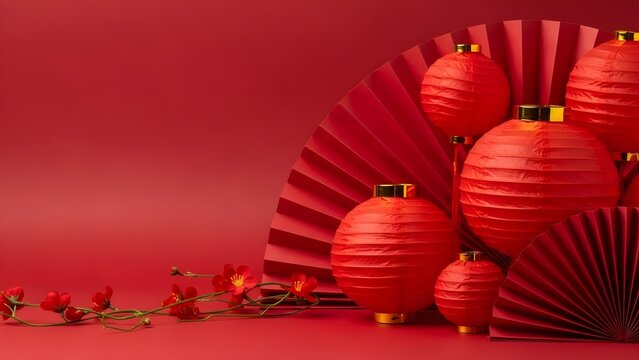 Festive red lanterns and fans for chinese new year celebration