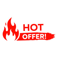 Vibrant red Hot Offer sale banner graphic with a flame icon and grunge brush stroke effect. Great for advertising. Available as EPS, JPG, and transparent PNG vector.