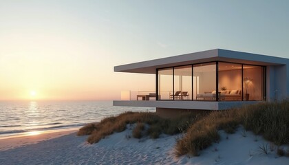 Modern luxury beach house with glass walls overlooks ocean sunset. Minimalist architecture villa offers waterfront relaxation and coastal living. Enjoy sea breeze and warm sun from patio.