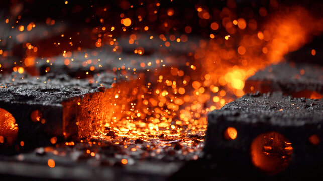 Intense glowing molten metal with sparks flying from industrial furnace