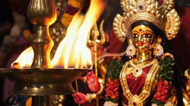 Goddess Durga Idol with Bright Diya Flame during Hindu Festival