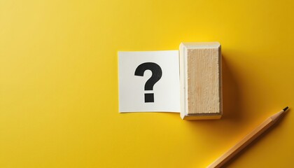 Question mark note with wooden eraser and pencil on yellow surface. Concept of education learning or quiz. Creative business idea for school and student life solving tasks.
