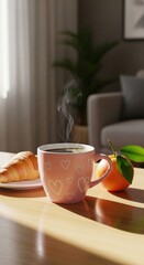 Invigorating start: A warm coffee accompanied by croissant and orange brings a tranquil moment