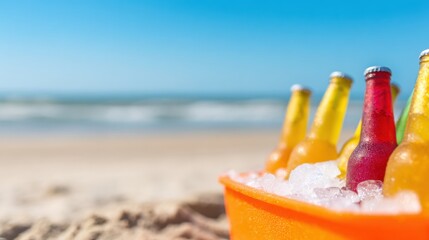Refreshing drinks in a cooler by the beach on a sunny day