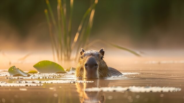 Capybara swimming in a lake with lily pads and tall grass in the background during a golden hour light