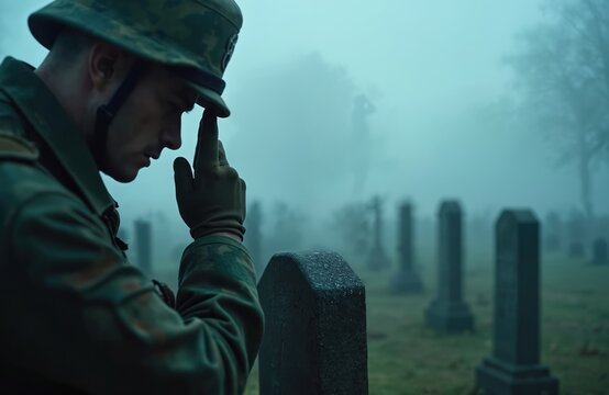 Soldier in uniform salutes gravestone in foggy cemetery. Man pays respects to fallen hero, remembering sacrifice. Military veteran mourns loss at solemn graveyard. - Powered by Adobe