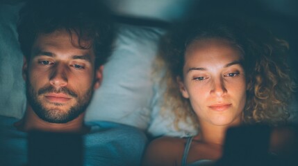 Couple enjoying late night screen time in cozy bedroom setting