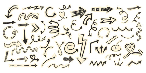 Scrapbook set with paper arrow cutout torn doodle scribble collage elements. Y2k swirl, up and down, right and left arrow collection.