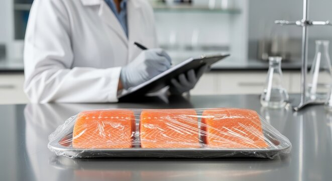 Scientist in laboratory inspecting fresh salmon portions on tray