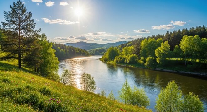 Scenic river landscape surrounded by lush forests and radiant sunlight above - Powered by Adobe