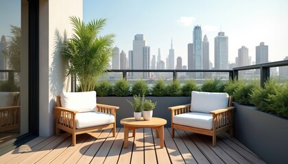 Obraz premium Balcony photo with chairs and potted plants. Modern terrace with city view. Wooden floor and furniture create relaxing atmosphere. Empty space for enjoying cityscape and sunlight.