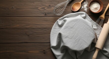 Rustic baking essentials on aged wood backdrop with space for culinary creations