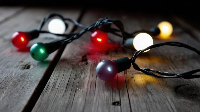 4K close-up overhead view of colorful Christmas string lights arranged loosely on a rustic wooden surface. the dark twisted wire forms natural curves and loops across the frame. glow