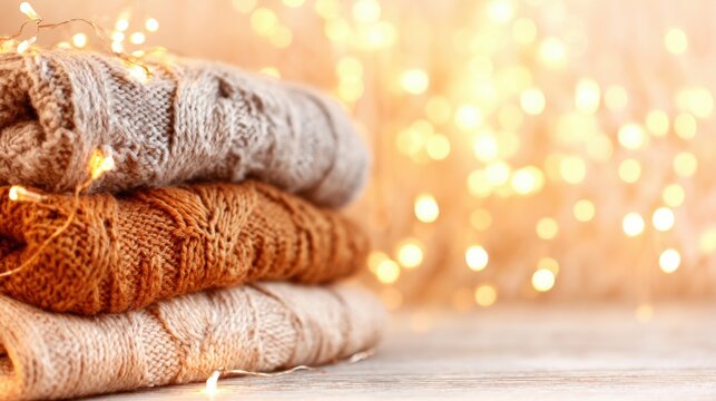 Cozy sweaters stacked with warm lights in a festive atmosphere