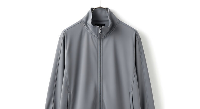 Grey zip-up track jacket hanging on a hanger. Sporty athletic windbreaker isolated on white background. Casual polyester sportswear garment front view.