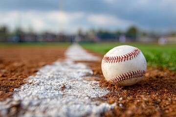 A close-up baseball rests on the infield's dirt edge near a white baseline, with a blurred field