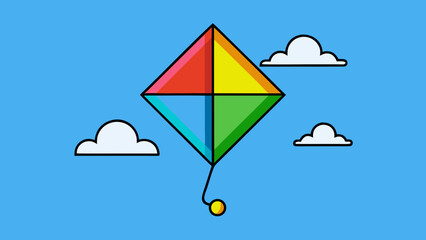 Colorful kite flying in the bright blue sky with white clouds