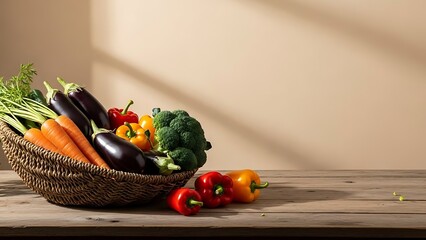 Freshly harvested organic vegetables in wicker basket on wooden table.