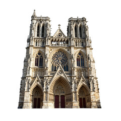 Gothic cathedral facade with twin towers and rose window