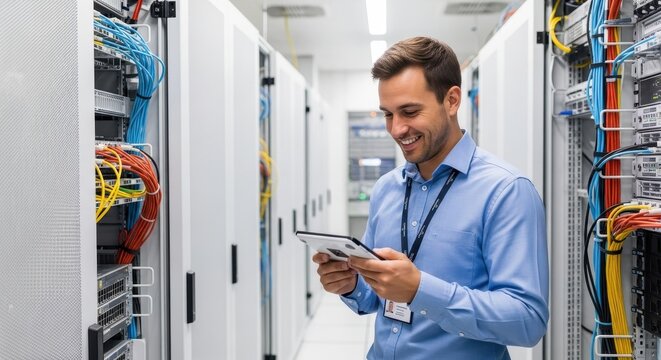Smiling IT professional in blue shirt inspecting a server room with a tablet - Powered by Adobe