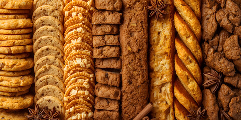 Delicious homemade baked food background of assorted traditional cookie and biscuit treats. This tempting sweet dessert pastry selection creates warm and inviting feeling
