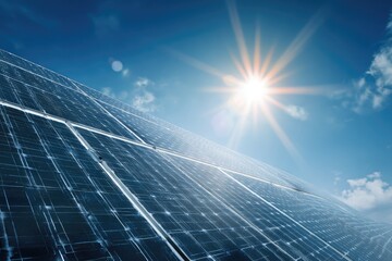 Array of panels against a bright sun and a vibrant blue sky with scattered clouds