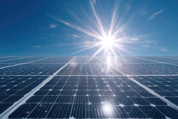 An upward perspective showcases the sun's radiant energy above a vast field of solar panels