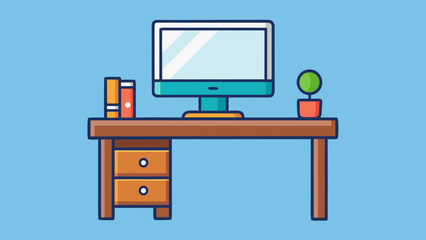 A clean office desk with computer and potted plant