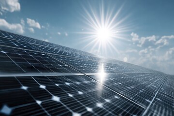 Sunny day angle shot, rooftop of solar panels reflecting sunlight under a bright blue sky