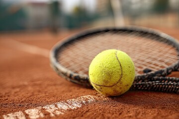Close-up of a tennis ball on a red clay court with a racket resting behind it, near a white line