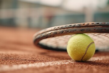 A bright yellow tennis ball is positioned under a racket on a clay court. Close-up shot
