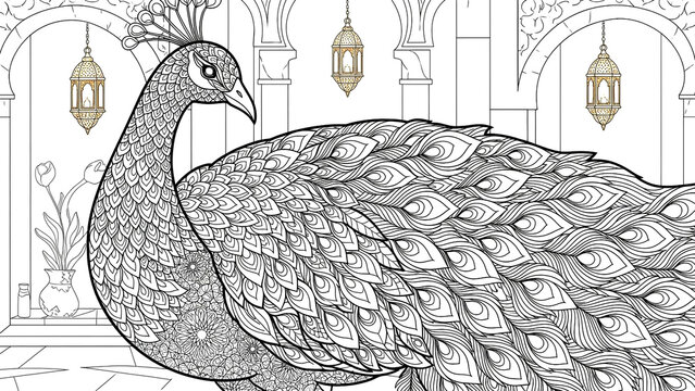 Peacock line art illustration for coloring book	