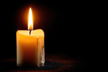 A single lit candle with a bright flame against a dark background, casting a warm glow