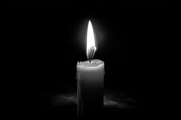 Isolated, lit candle against a black background. Flame flickers, showcasing wax details