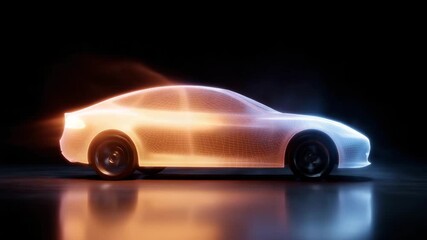 4K high-end futuristic 3D render of an electric vehicle shown in a side view. The car body is represented as a glowing semi-transparent digital mesh made of thousands of blue - Powered by Adobe