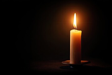 A single lit candle casts a warm glow against a deep black backdrop, a symbol of hope
